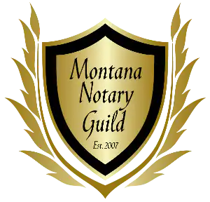 Notary Academy 6 A gold and black shield crest with laurel leaves on both sides. The shield displays the text Montana Notary Guild Est. 2007 in elegant script.